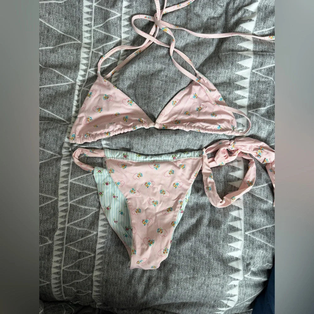 Frankie's Bikinis Reversible, Pink and Mint Floral Set